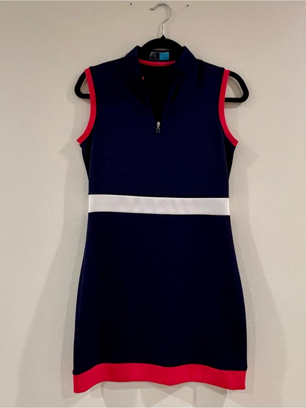 PGA Tour Sleeveless Navy Dress with White Waistband and Red Trim